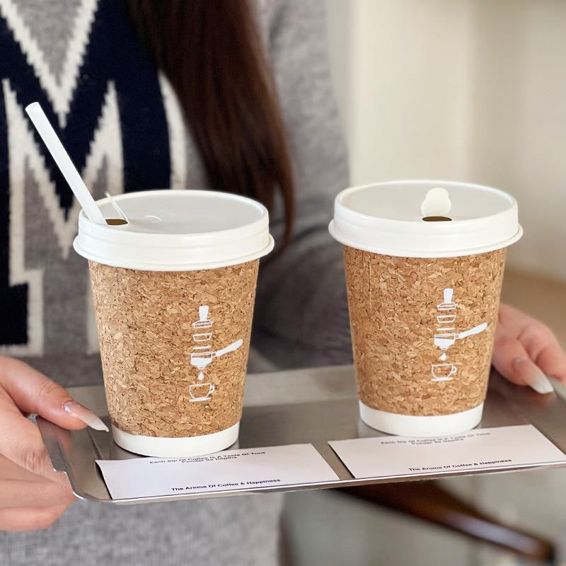 软木杯一次性咖啡杯奶茶纸杯子带盖便携热饮外卖打包定印制logo