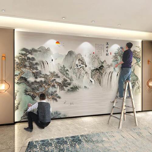 中式流水生财迎客松壁纸电视背景墙贴自粘沙发3d立体壁画影视墙布