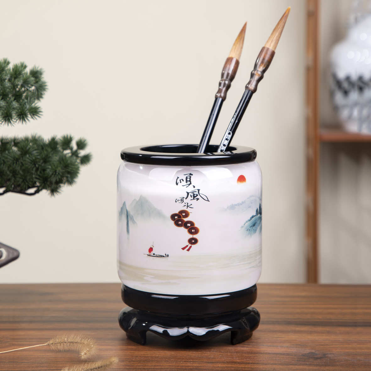 中式旋转笔筒复古中国风办公桌笔筒桌面杂物收纳盒摆件商务礼品