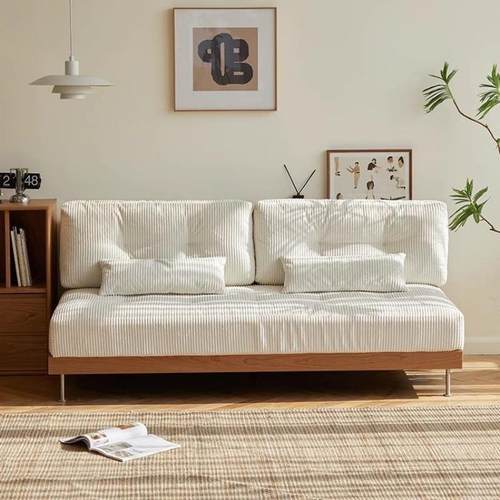 中古风实木布艺无扶手沙发大小户型直排三人位贵妃转角灯芯绒沙发