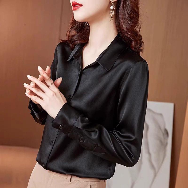 真丝女士衬衫时尚桑蚕丝气质衬衣长袖缎面高级春秋POLO领重磅上衣