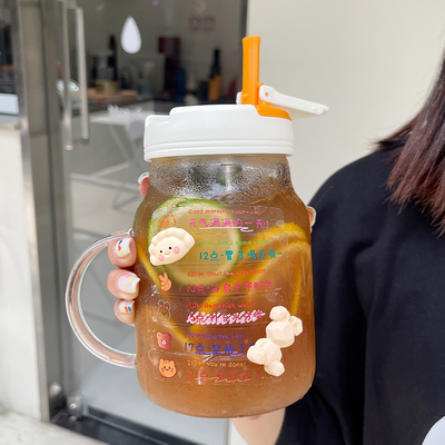 水杯女生大容量玻璃杯高颜值吸管耐高温花茶杯新款2025办公室杯子