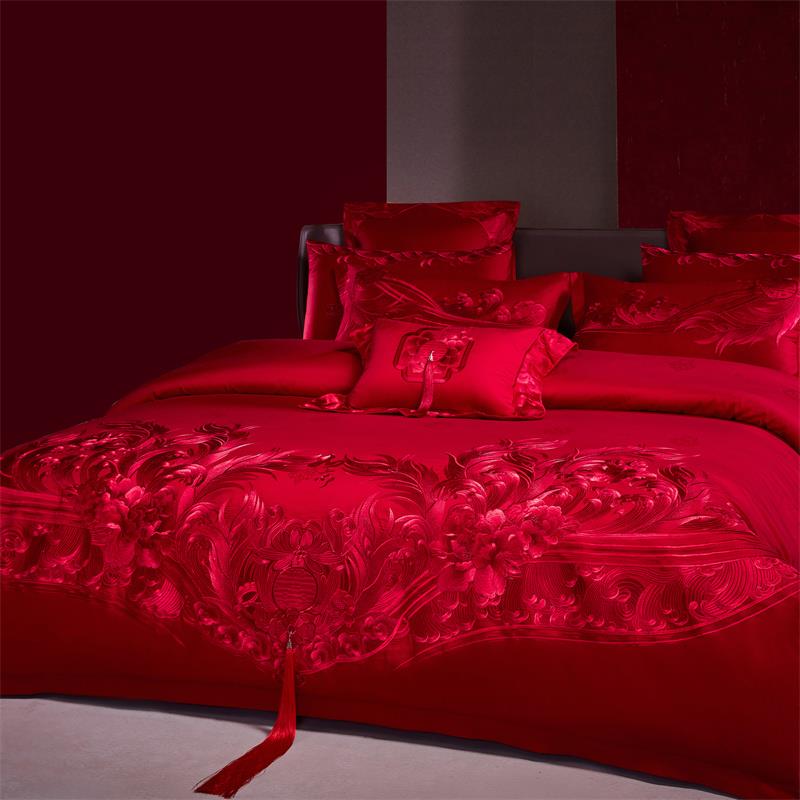 新婚庆结婚婚庆红色四件套轻奢提花纯棉被套婚嫁婚房喜被床上用品