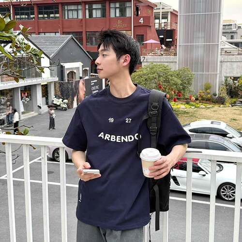 2025夏季280g纯棉短袖T恤 藏青字母印花青春活力休闲上衣