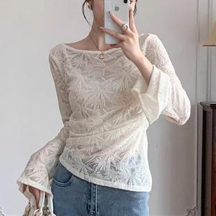百搭显瘦收褶修身 国风竹叶提花圆领白色T恤长袖 上衣 中式 2027新款