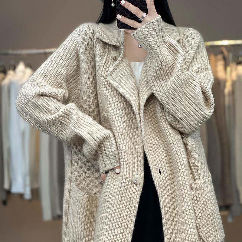 重工绞花100%羊绒开衫女中长款慵懒风针织外套秋冬新款翻领羊毛衫