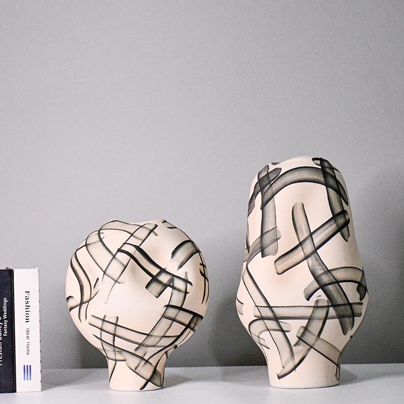 现代简约陶瓷瓶意凹手绘不规则凸创插花花T20101器室内装饰品摆花