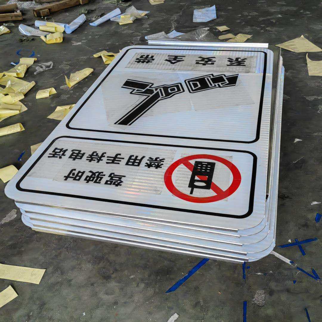 三角形交通指示牌 黄底黑字 尺寸90CM 折弯两道 贴膜成品可定图案