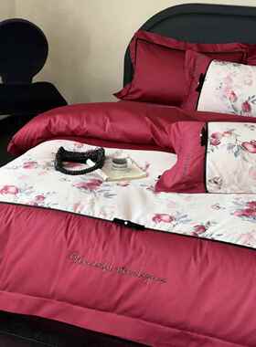 复古现代风全棉贡缎四件套红色石榴花数码印花被套床单床品