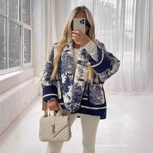 Printed double pocket cotton jacket, quilted cotton jacket