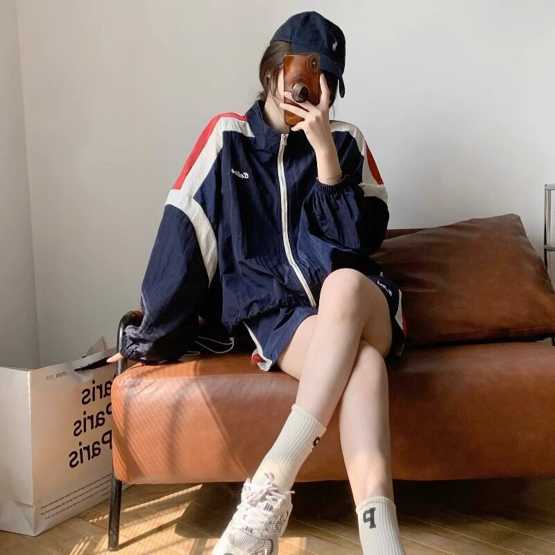 防晒服装女性夏季套装2025新美国覆古运动休闲对比色夹克短裤两件