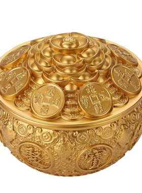 纯黄铜聚宝盆招米缸摆件带盖金蟾五福客厅桌面办公室店铺开业送礼