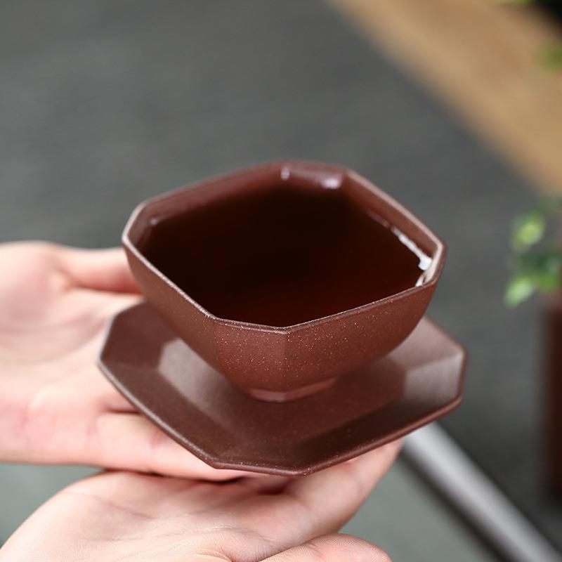 新款直销紫砂杯品茶杯原矿紫泥抽角四方茶杯垫套装含杯碟茶具