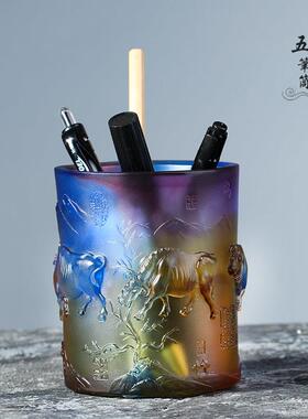 琉璃笔筒教师节礼品桌面摆件生日礼物新中式书房装饰摆设五牛图