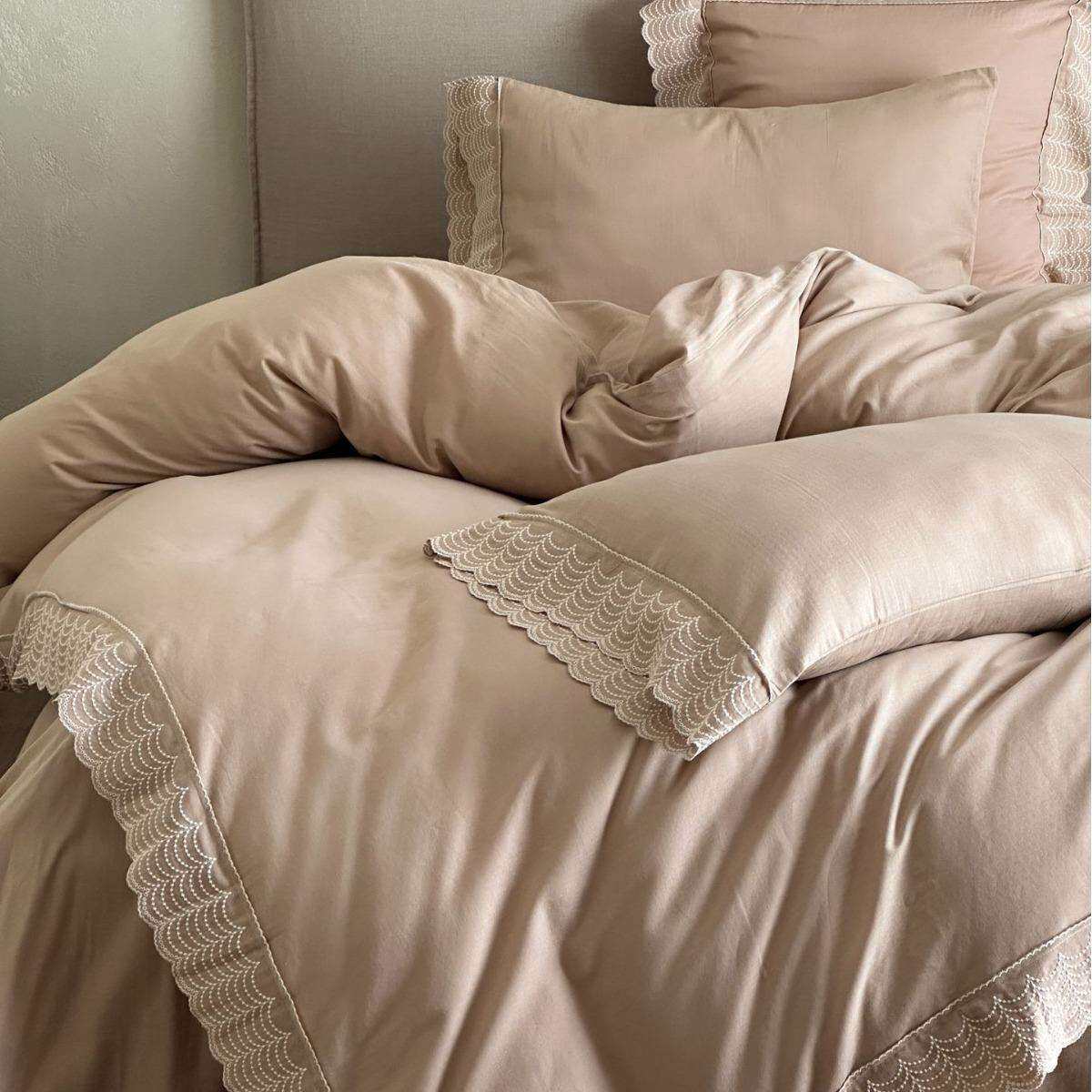 高级法式风~花边纯色双层纱四件套全棉纯色被套简约欧式床上用品