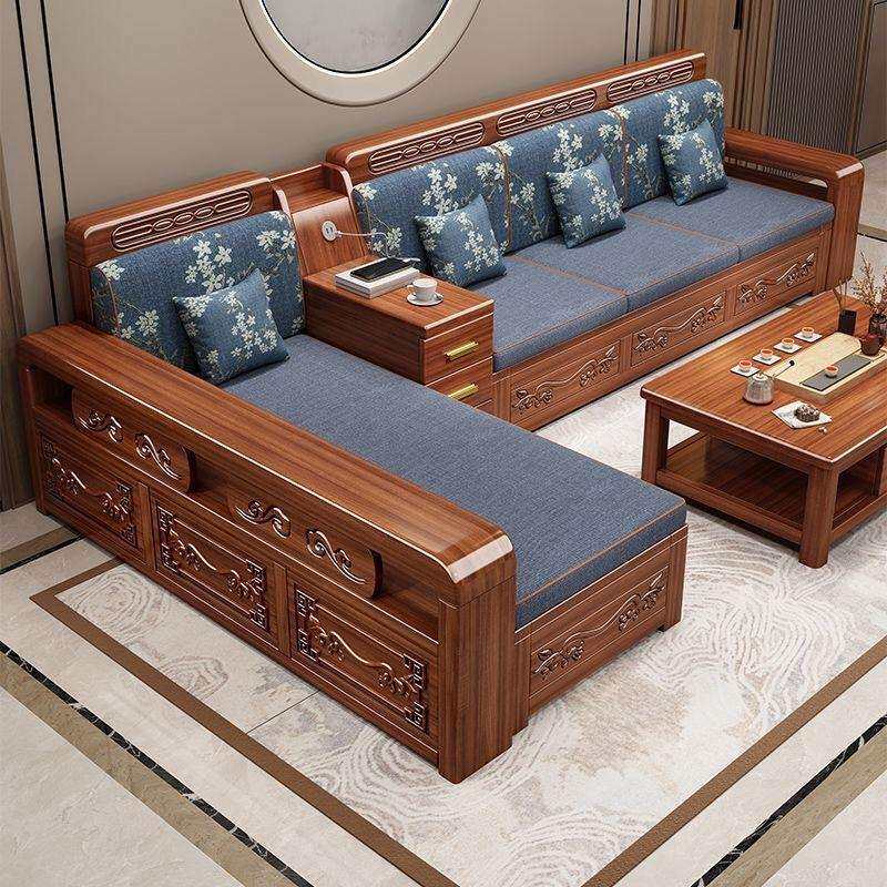 金丝中式胡桃木实木沙发组合储物客厅冬夏两用小户型雕花家用家具