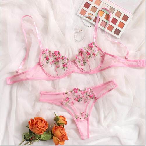 Sexy Low Waist Lace Flower Embroidery Fun Women's Bra Se