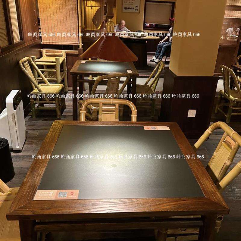 火锅烧烤店实木岩板桌椅组合饭店面馆复古餐桌商用正方形八仙桌