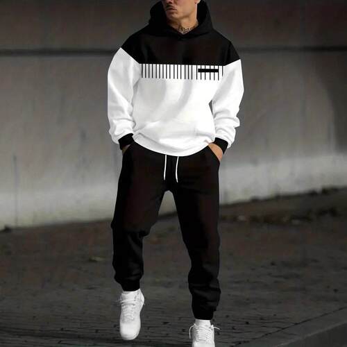 Men ' s Letter Flag Print Hoodie Set , Streetwear Tracksuit