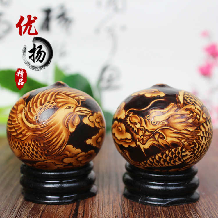 天然鸡蛋葫芦精品手工烙烫画龙凤呈祥 文玩手捻葫芦把件礼品包邮