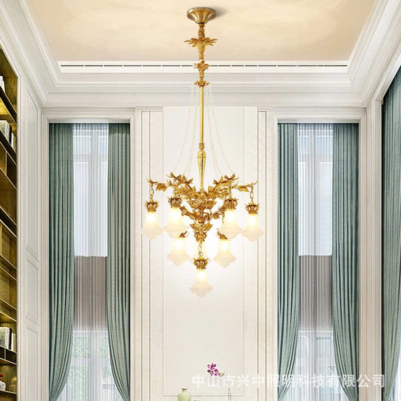 欧式复式楼全铜大吊灯轻奢卧室书房水晶灯法式奢华别墅大气楼梯灯