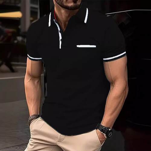 Pocket patchwork men's polo shirt with a lapel collar