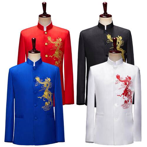 刺绣中山装男士中国风立领学生舞台大合唱演出服中老年乐队表演服