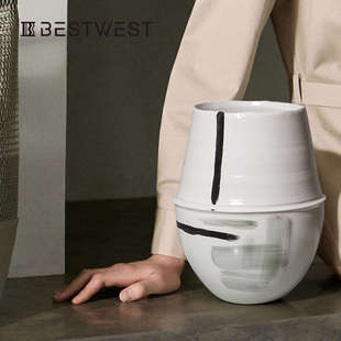 釉面花瓶客厅花盆摆件花家居博  陶瓷器高档水墨家居大肚黑白西