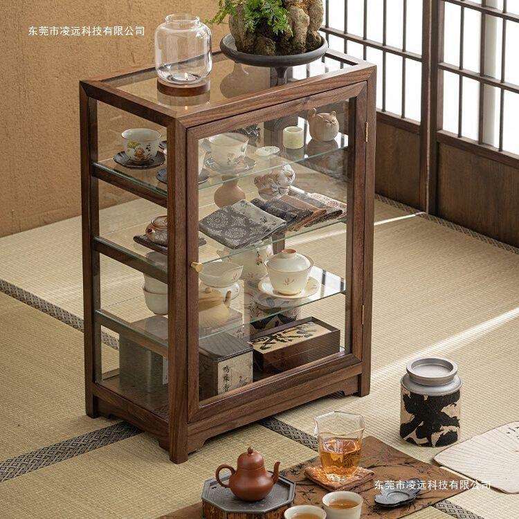 透明玻璃文玩展示柜落地一体胡桃木收纳柜子桌面实木置物柜储物柜