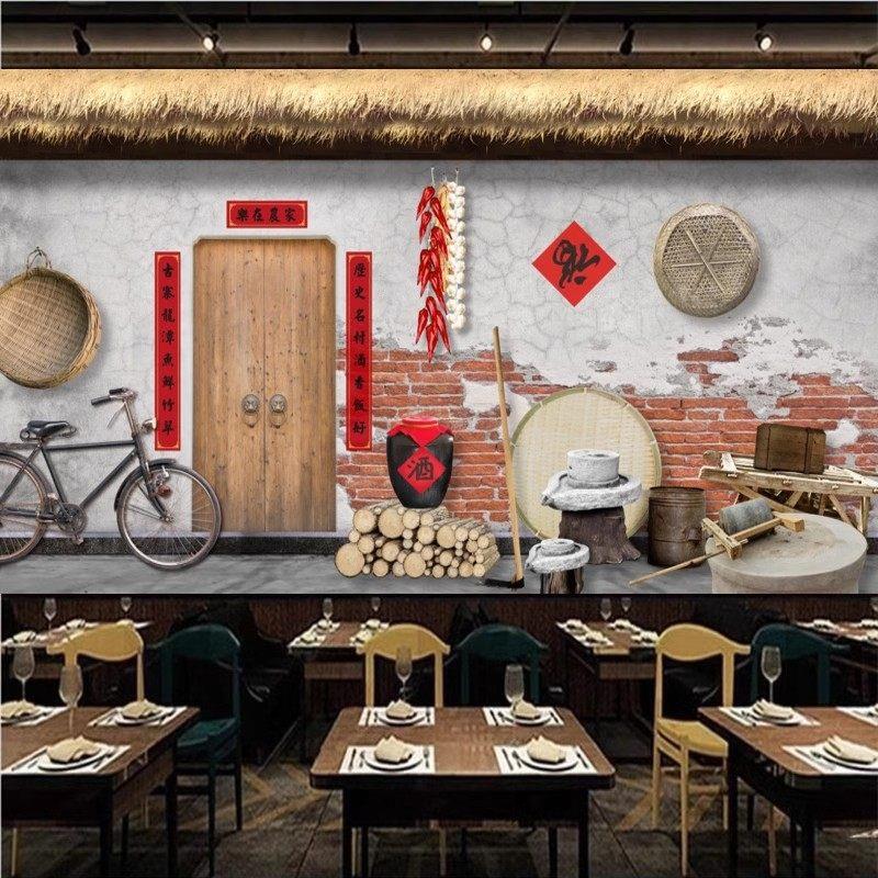 农家乐墙纸东北饭店墙面装修设计地锅鸡壁画3D农村花布铁锅炖壁纸