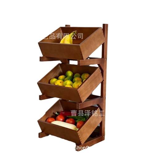 现货中古风落地式置物架木制多层杂物收纳架客厅装饰水果收纳篮