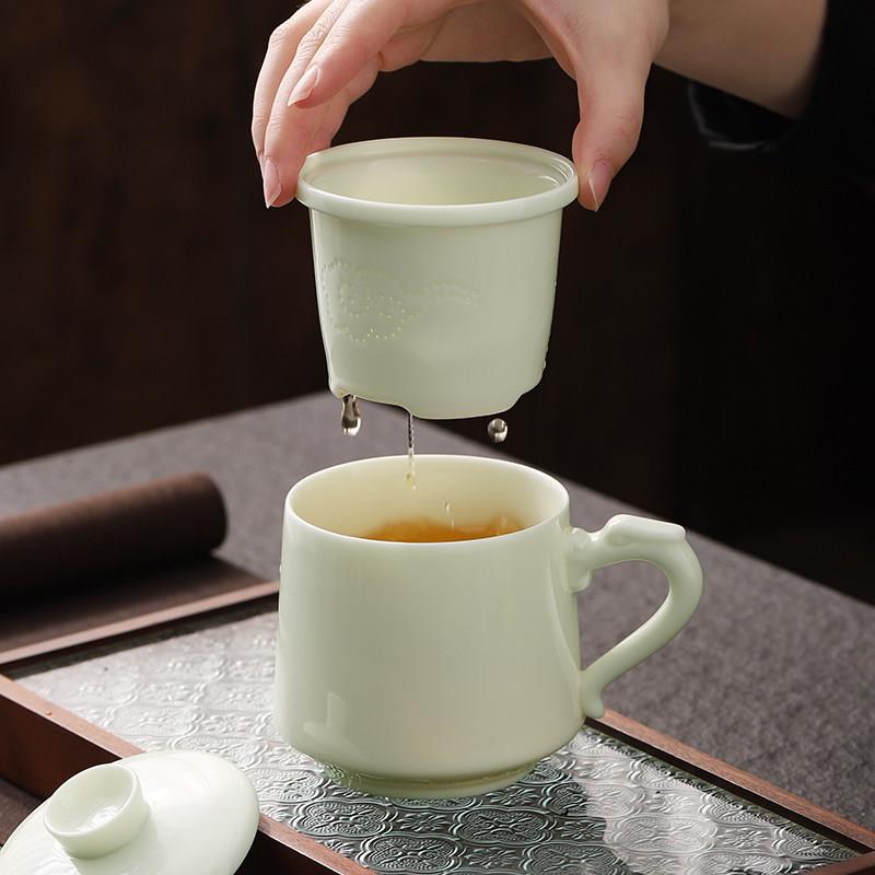 景德镇羊脂玉青瓷茶水分离杯陶瓷办公室带手柄泡茶杯办公杯水杯套