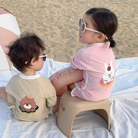 韩国儿童泳衣女童连体长袖防晒泳装ins男童婴幼儿游泳衣泳帽