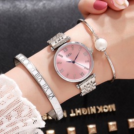 士手表款腕表时尚三件套表玫瑰金不锈钢表带罗马刻度女