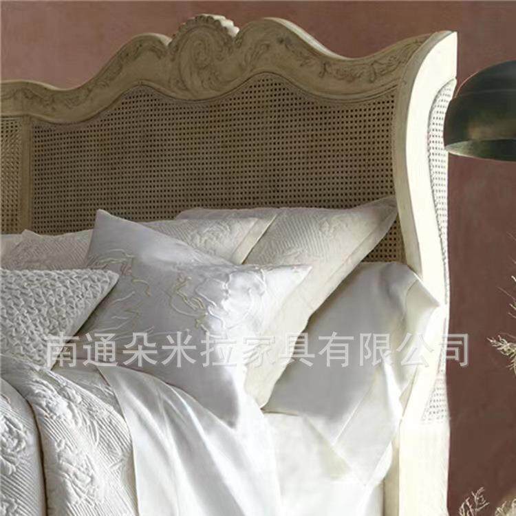 美式乡村复古卧室雕花实木双人编藤床法式主卧实木双人大婚床