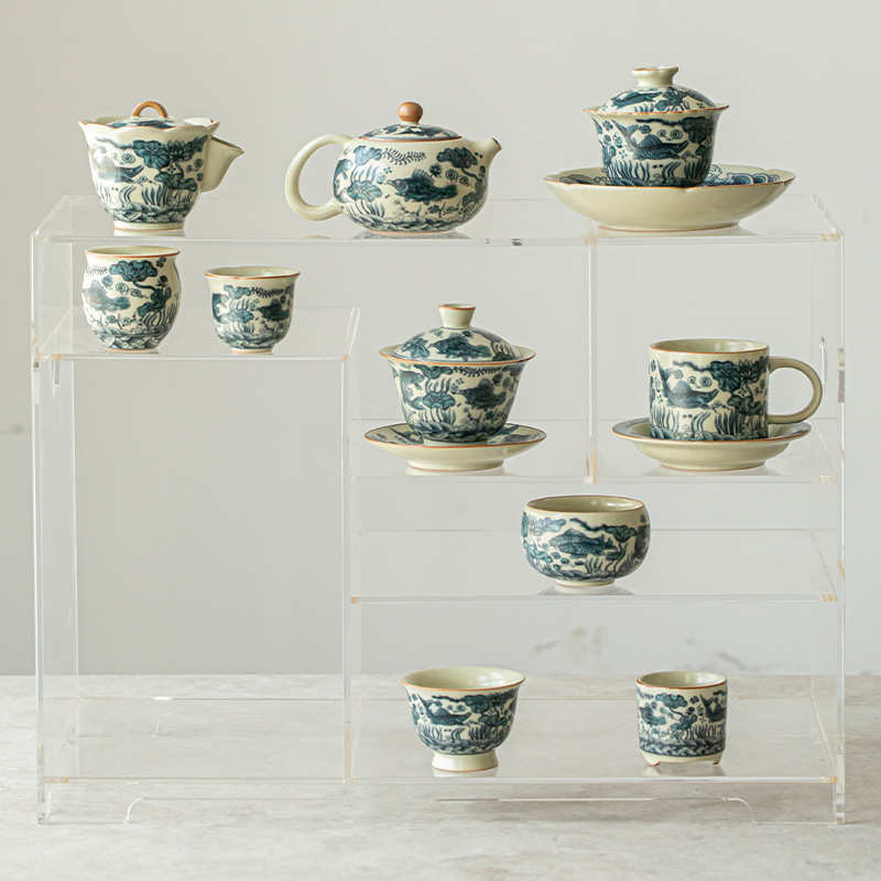 仿古汝窑茶壶鱼藻纹高档手抓壶功夫茶具家用开片可养陶瓷泡茶壶