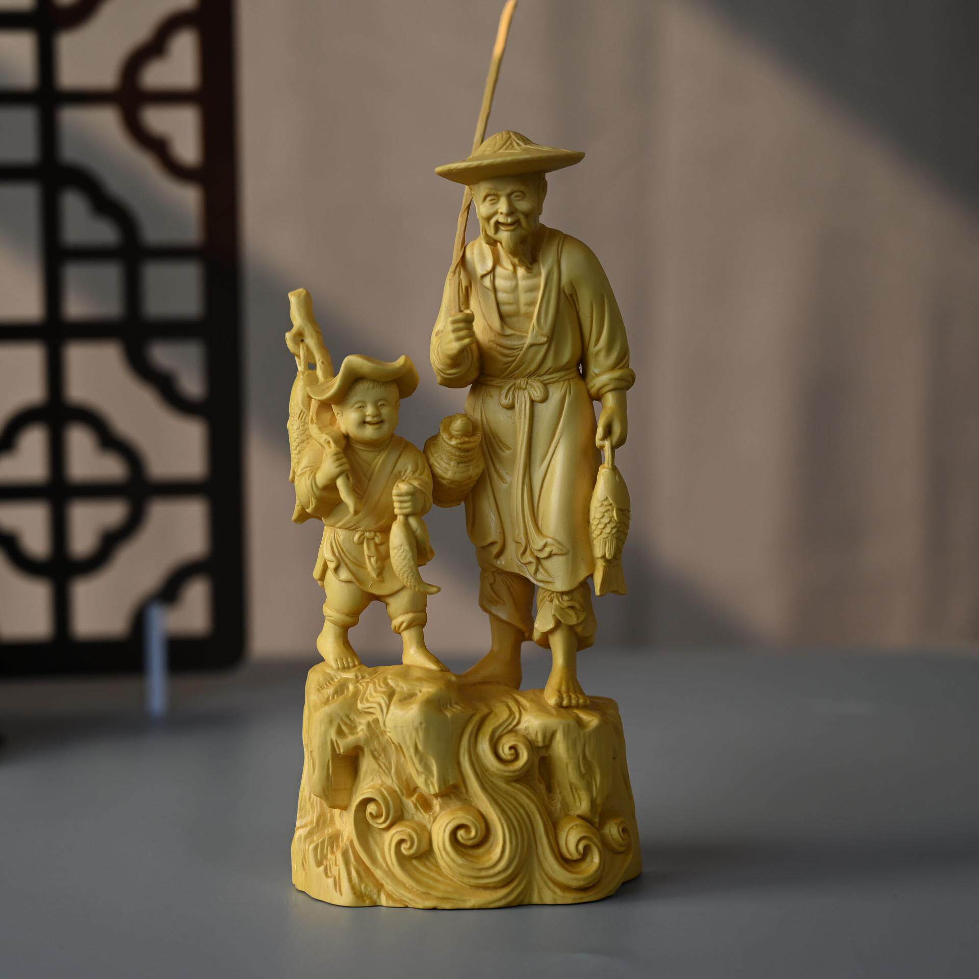 黄杨木摆件鱼翁得利满载而归木雕工艺品办公摆饰手工雕刻文玩礼品