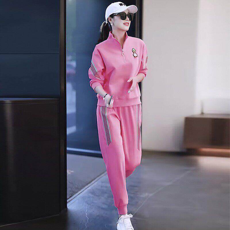时尚休闲运动套装女春秋2025新款粉色宽松洋气时髦卫衣跑步两件套