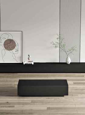 黑色电视柜收纳储物柜一体客厅家用落地2025新款隐藏设计茶几组合