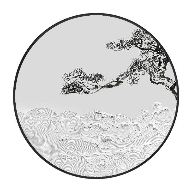 新中式客厅装饰画圆形led灯玄关走廊挂画迎客松油画立体浮雕海浪