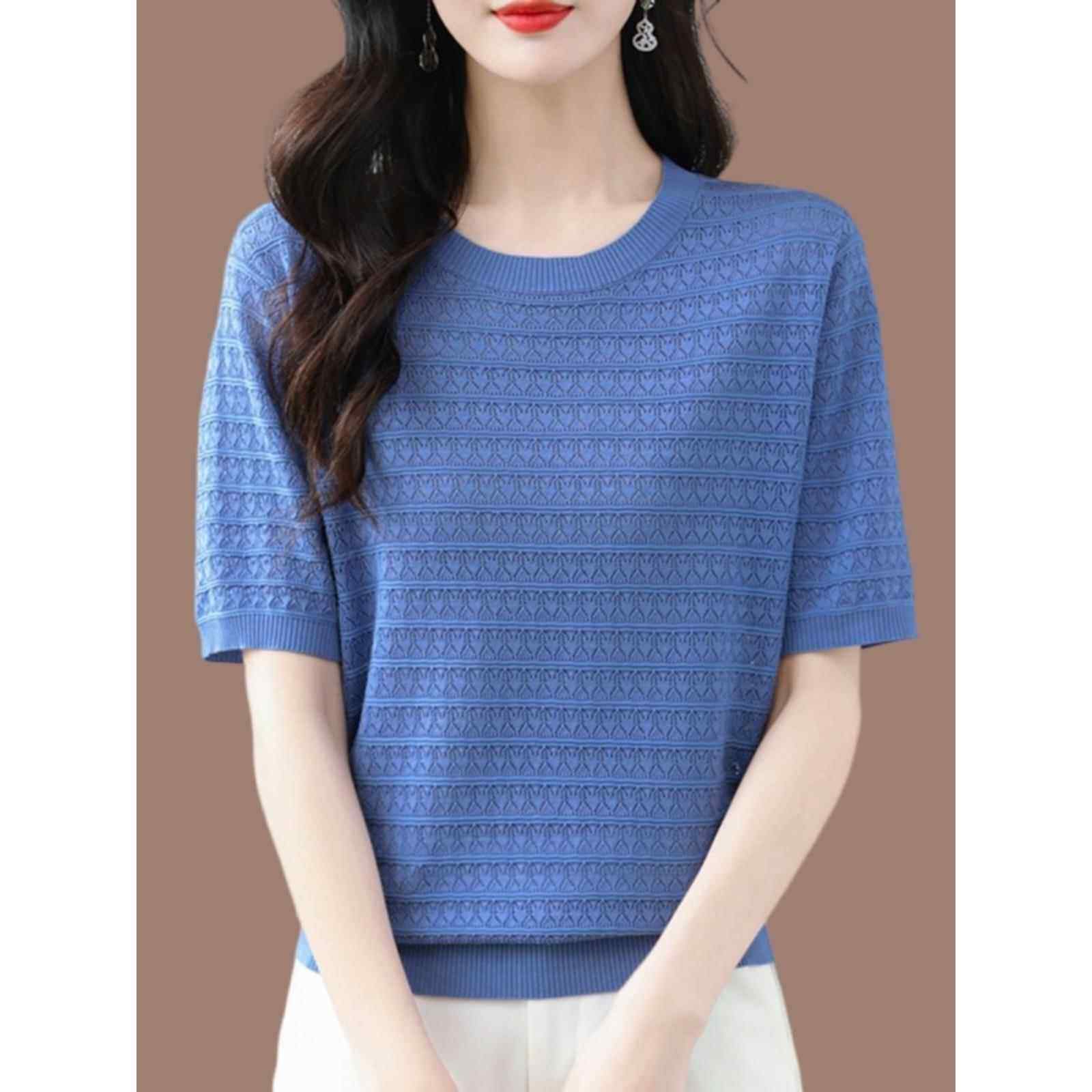 2025新款桑蚕丝短袖t恤女夏季妈妈洋气大码圆领宽松遮肚针织上衣