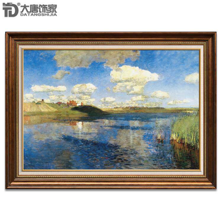 新款风俄斯风景名画列罗维湖装饰画 客厅壁炉手绘油坦画布画 带框