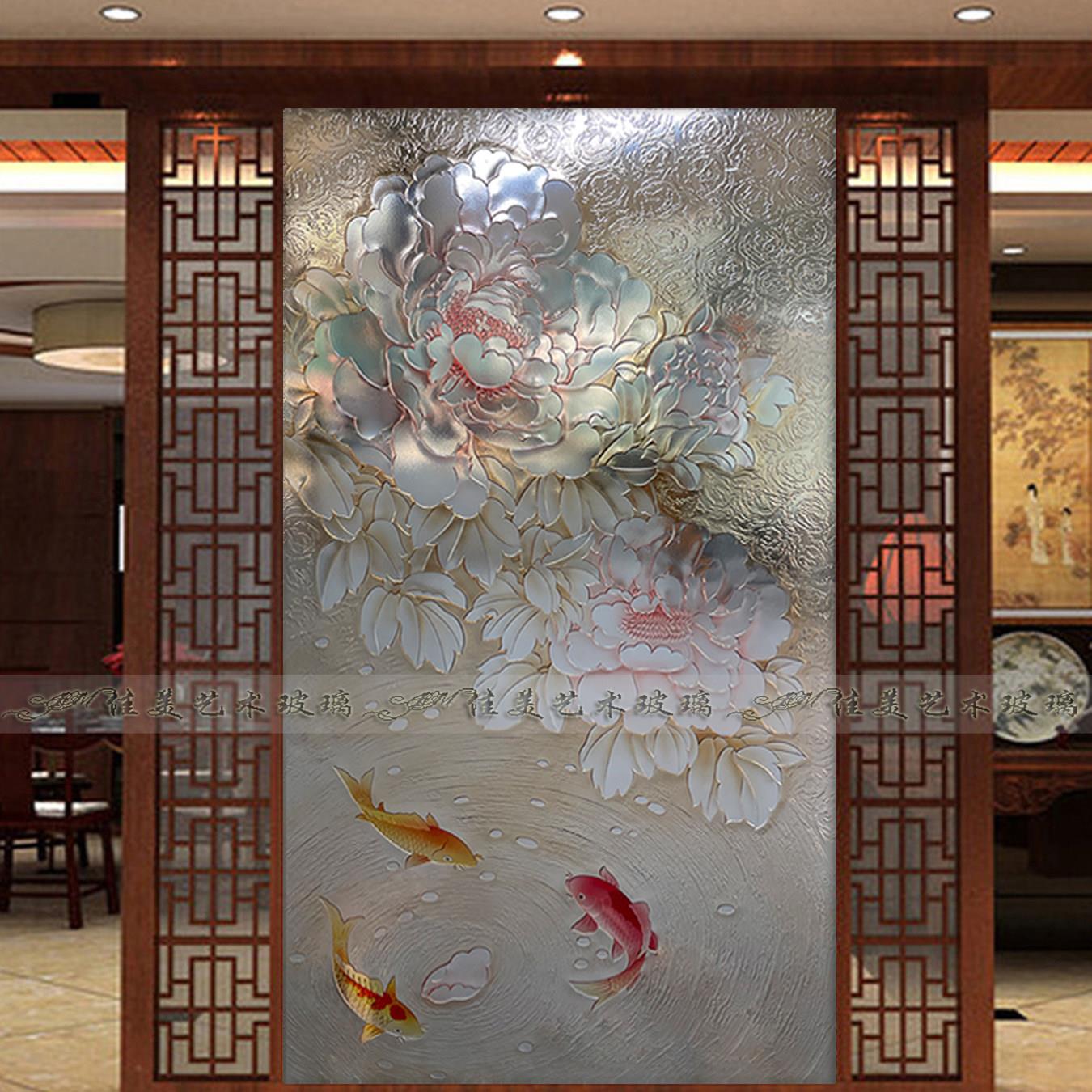 立体浮雕艺术玻璃隔断 客制双面透光钢化玻璃屏风 入户玄关背景设