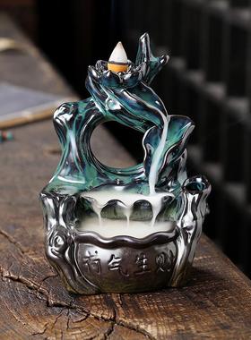 新款 陶瓷左右逢源荷叶瀑布回流香薰炉家居摆件 创意荷花倒流香炉