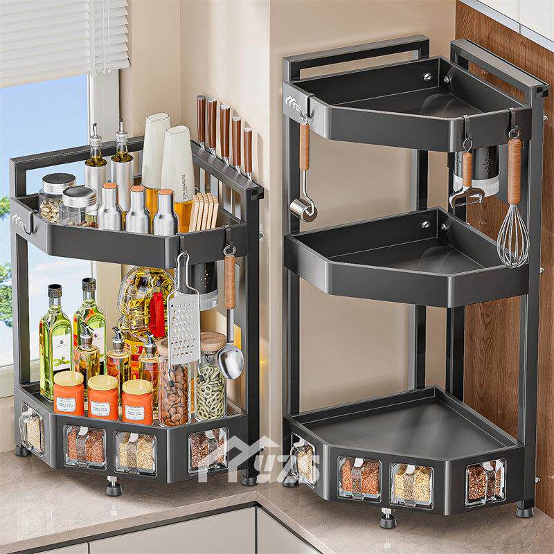 厨房置物架带调味盒台面转角多功能三角架墙角调料品调味罐收纳层