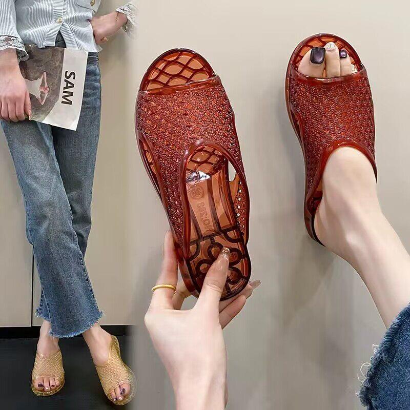 潮牌夏季透明水晶凉拖鞋女居家室内外穿软底一字拖防滑浴室凉拖鞋