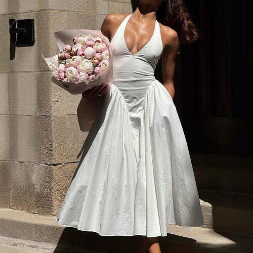 French Chic V Neck Halter Dress Sleeveless Waist Cinching