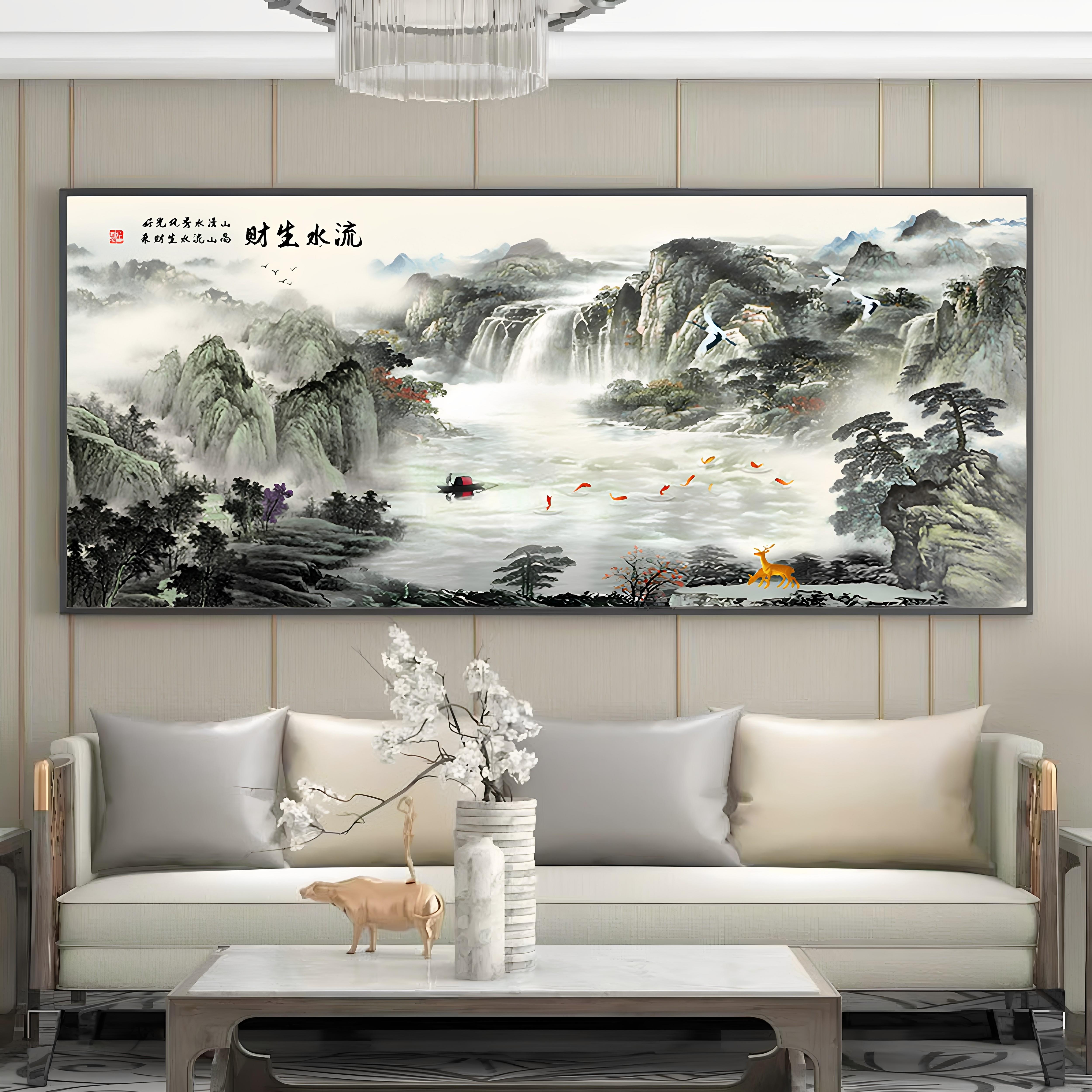 流水生财风景画客厅沙发背景墙装饰画办公室挂画字画山水画靠山图