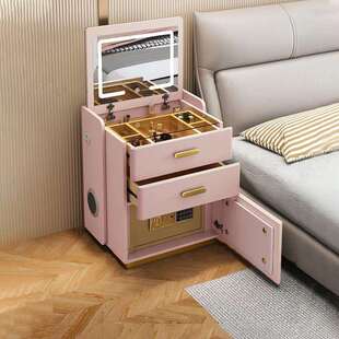 智能梳妆台床头柜隐藏式保险箱一体卧室多功能可翻盖化妆桌免安装