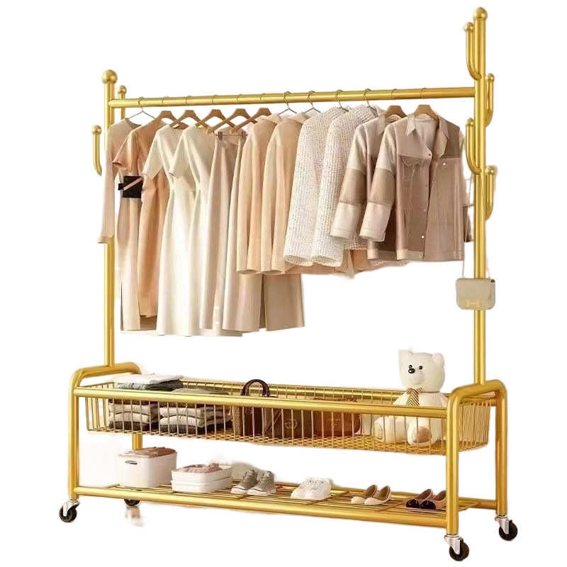 白色实木衣架落地简易衣帽架卧室挂衣架房间可移动家用收纳筐衣服